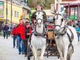 Das Schimmelgespann von Wolfgang Fisch zieht den Baum - Traditionelles Maibaumaufstellen in Mariazell am 1. Mai 2015