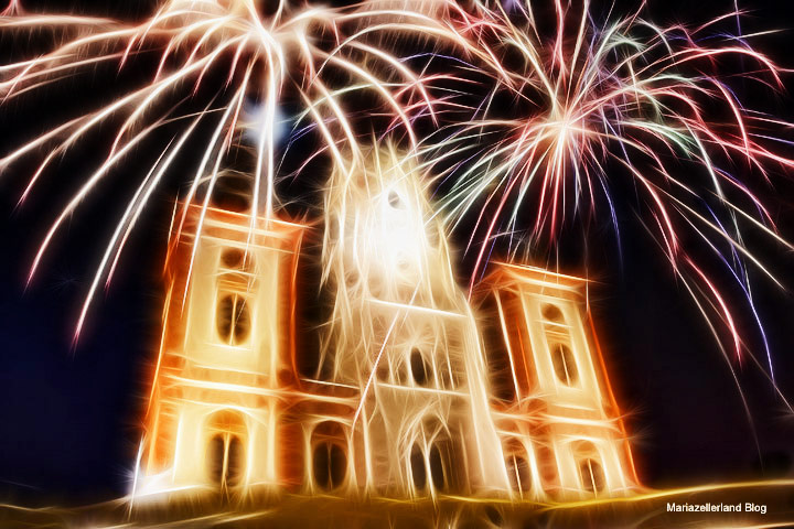 Mariazell-Basilika-Feuerwerk-Silvester