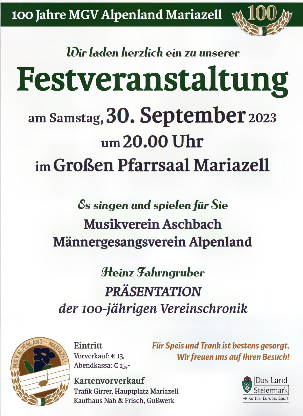 100 Jahre MGV Alpenland Mariazell Festveranstaltung